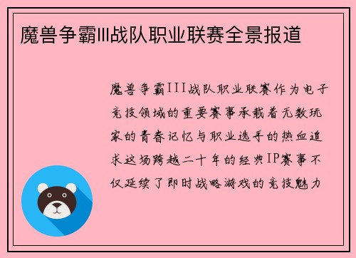 魔兽争霸III战队职业联赛全景报道