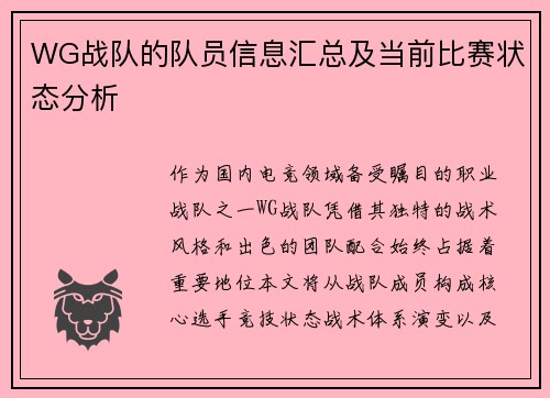 WG战队的队员信息汇总及当前比赛状态分析