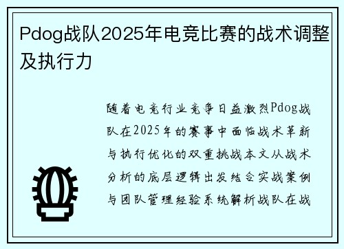 Pdog战队2025年电竞比赛的战术调整及执行力