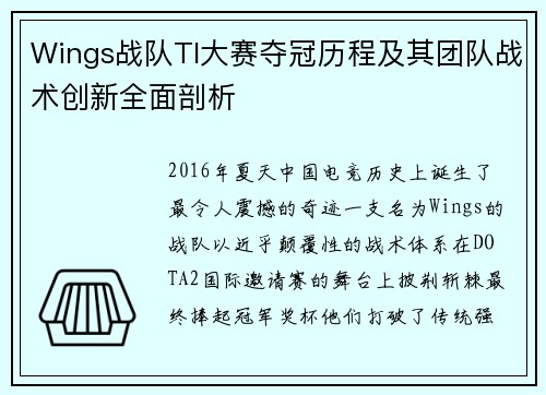 Wings战队TI大赛夺冠历程及其团队战术创新全面剖析